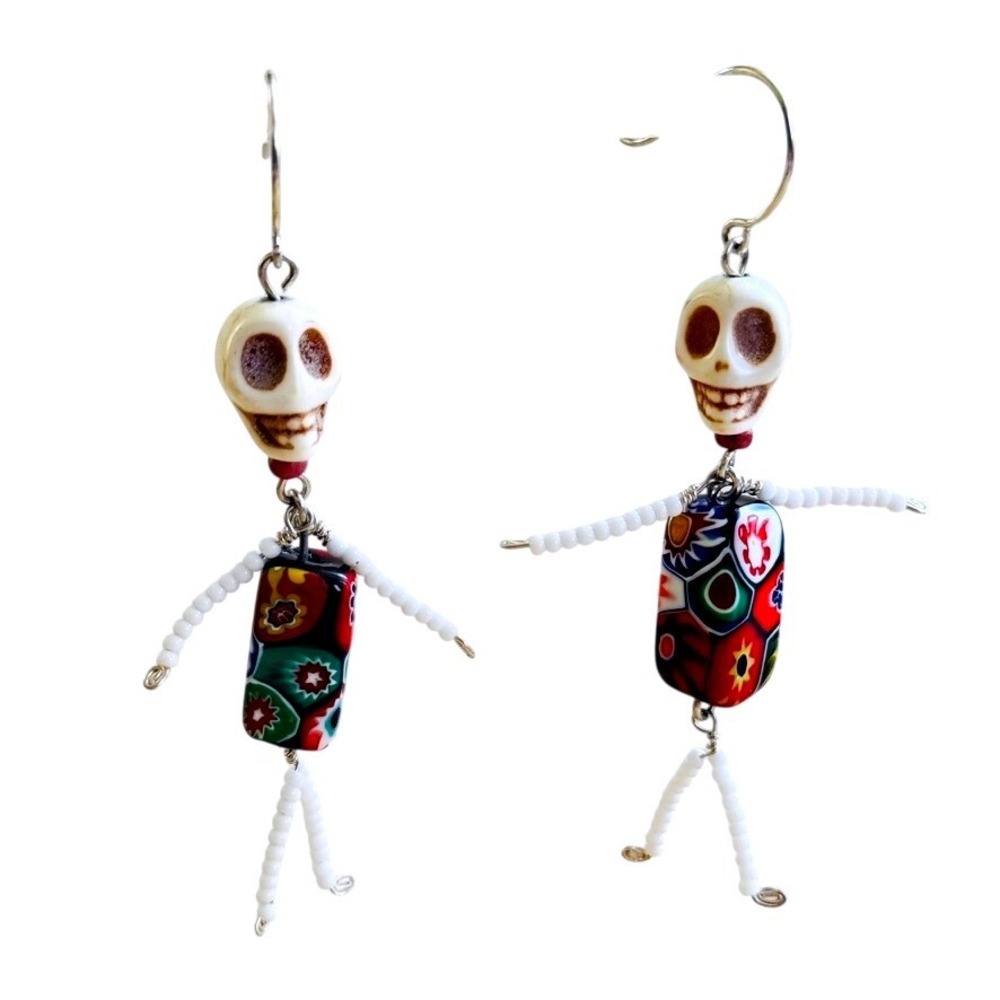 Skull Skeleton Earrings Italy Millefiori Glass Sterling 925 Silver Dangle Rare‎